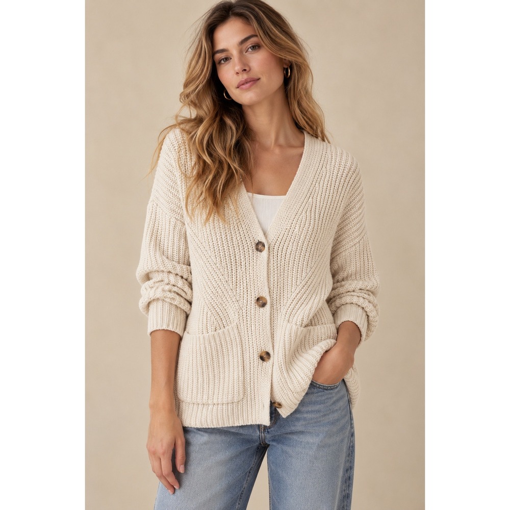 Madewell Womens Cream Ribbed Button Front Cardigan Sweater Size M Pockets Ivory